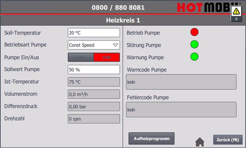 Hotmobil Hotcontrol: Alle Komponenten der mobilen Heizzentrale können über das Touchpad in der Anlage oder über die browser-basierte Web-App gesteuert und überwacht werden.