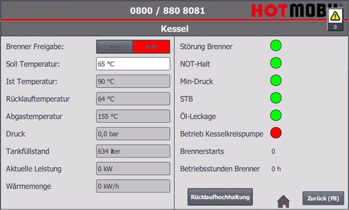 Hotmobil Hotcontrol: Alle Komponenten der mobilen Heizzentrale können über das Touchpad in der Anlage oder über die browser-basierte Web-App gesteuert und überwacht werden.