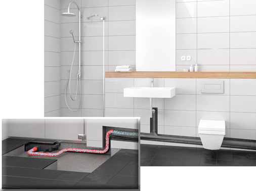 Jung Pumpen: Wird der Duschboden auf das Fußbodenniveau abgesenkt, pumpt die Bodenablaufpumpe Plancofix Connect das Abwasser in das vorhandene Abwasserrohr.