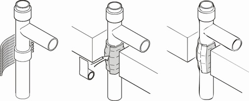 UBA Tec: Installation der Rohrummantelung UBA-Flex bei einem Abzweig oberhalb der Decke.
