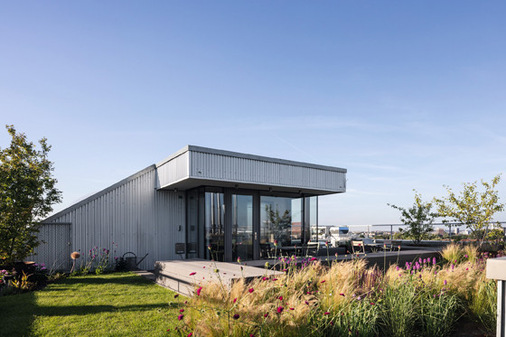 Über einen Aufzug gelangen die Bewohner:innen barrierefrei zur begrünten Dachterrasse, die gemeinschaftlich genutzt werden kann.