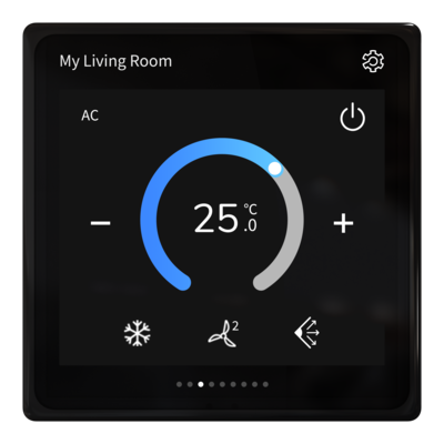Schneider Electric: Exemplarische Displaybelegung der KNX-Steuereinheit „SpaceLogic KNX 4 Zoll Mini Touch“.