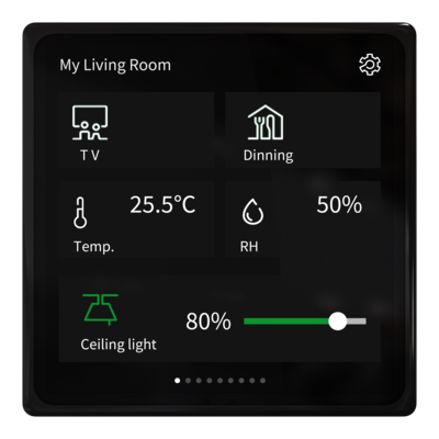 Schneider Electric: Exemplarische Displaybelegung der KNX-Steuereinheit „SpaceLogic KNX 4 Zoll Mini Touch“.