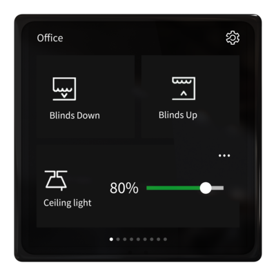 Schneider Electric: Exemplarische Displaybelegung der KNX-Steuereinheit „SpaceLogic KNX 4 Zoll Mini Touch“.