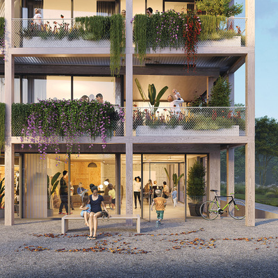 Viel Grün, viel Holz: Das sind die Charakteristika des Wohnwerk-Neubaus mit insgesamt 10 Wohnungen und einem großen Gemeinschaftsraum.