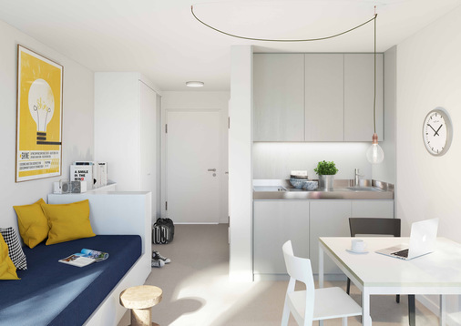  Heller Wohnraum, freundlich und platzsparend möbliert – die neue Wohnform des Azubi-Wohnens erleichtert es jungen Menschen, kostengünstig und selbstständig in einem Umfeld mit gleichgesinnten Mitbewohnern zu leben.