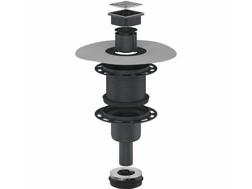 Dallmer: Brandschutzelement (unten) und Gesamtaufbau der Bodenentwässerung mit senkrechtem Ablaufgehäuse.