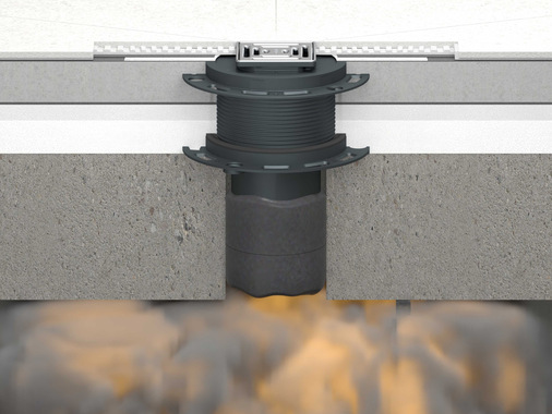 Dallmer: Senkrechtes Ablaufgehäuse mit aktiviertem Brandschutzelement am Entwässerungsanschluss.