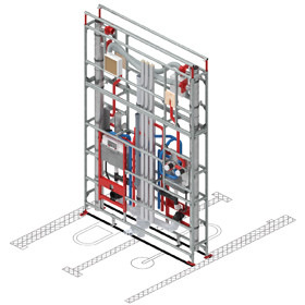 Die raumhohen Installations-Trennwände kommen im Terra Saar zwischen zwei Badezimmern zum Einsatz – das zeigt diese 3D-Grafik des Registers mit anskizziertem Grundriss.