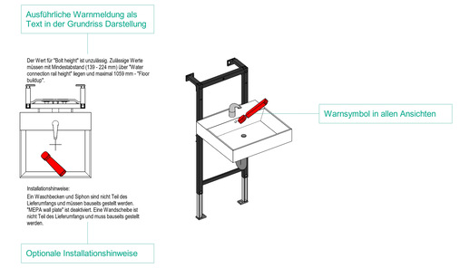 Warn- und Informationsmeldungen werden in Autodesk Revit automatisch generiert. So kann der Kunde einfach seine Wunschwerte eingeben. Im Hintergrund werden alle Produkte korrekt konfiguriert und das notwendige Zubehör automatisch eingebunden.