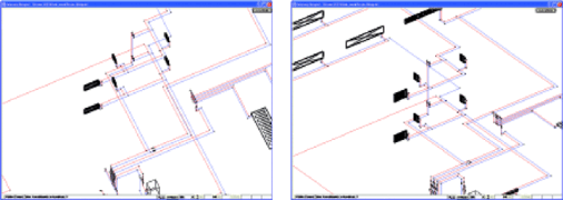 Bild 1 Trotz zweier Ansichten aus unterschiedlichen Blickwinkeln fällt es schwer, sich die Szenerie dieses kleinen Rohrnetzes dreidimensional vorzustellen. Sobald sich das Objekt oder der Betrachter bewegt, wird alles sofort deutlich erkennbar.