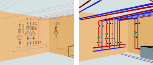 Bild 2 Bei der 3D-Anlagenplanung macht die CAE-Software nach der integrierten ­Dimensionierung aus der Einstrich- eine Volumendarstellung.