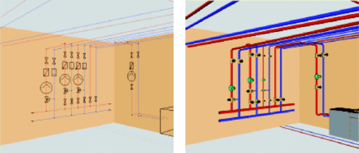 Bild 2 Bei der 3D-Anlagenplanung macht die CAE-Software nach der integrierten ­Dimensionierung aus der Einstrich- eine Volumendarstellung. - © mh-software

