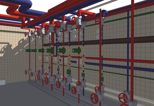 3D-Darstellung eines Heizkreisverteilers.