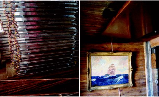 Kurz vor der Installation: Heiz- und Kühldeckenelement für die Böden 1 bis 10 (links). Musterraum mit Deckensegel aus Kupfer (rechts).