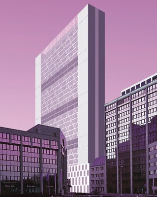 Bild 3 RuhrTurm in Essen: Architekturmodell und 3D-Energiebilanzmodell als Zonendarstellung im Gittermodell.