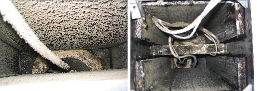Bild 3 Verschmutzter Sammelkanal (links) und verschmutzter und durchfeuchteter Sammelkanal im Drempel. - © Trogisch
