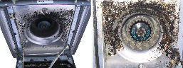 Bild 4 Verschmutzter und einseitig belasteter Ansaugbereich des Abluftventilators (links), verschmutzter Ventilator und korrodiertes Blech. - © Trogisch
