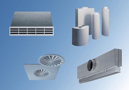 Beispiele für Angebotsbreite bei Durchlässen von Emco Klima: Kombischlitz­durchlass, Quelldurchlässe, Dralldurchlässe und Schlitzdurchlass mit ­Exzenterwalzen zur Luftstromlenkung.