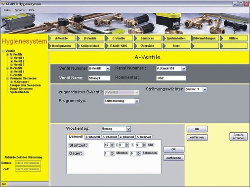 Bild 6: Parametriersoftware der KHS-Logic System­steuerung; Festlegung der Spülzeiten für ein endständiges Spülventil. - © Kemper
