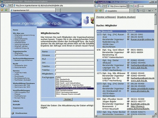 Synergie-Effekt: Link auf die eigene Web-Adresse im Mitgliederverzeichnis. - © Ingenieurkammer Rheinland-Pfalz
