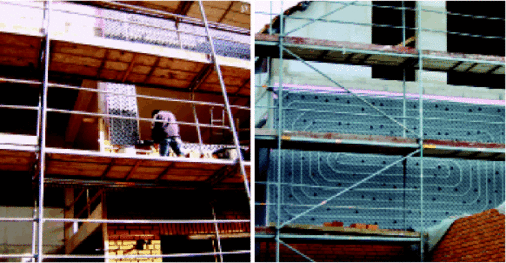 Die Uponor Tecto Systemplatten wurden auf der Grundisolierung des zweischaligen Mauerwerks aufgeklebt und mit Edelstahlträgern verankert. Dadurch wurde eine besonders sichere und dauerhafte Anbringung des verwendeten Flächen­temperiersystems erreicht. Insgesamt wurden 200 m2 der Außenhülle im ersten Obergeschoss aktiviert.