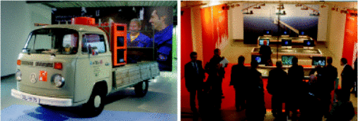 In der neuen Ausstellung Galeria. Neben der Viessmann Akademie und der völlig umgestalteten Via Temporis gehört sie zum neuen Infocenter. Vergangenheit und Gegenwart: Restauriertes Firmenfahrzeug eines Marktpartners. Über die Computerterminals kann man sich aus der Weltraumperspektive in Referenzobjekte zoomen.