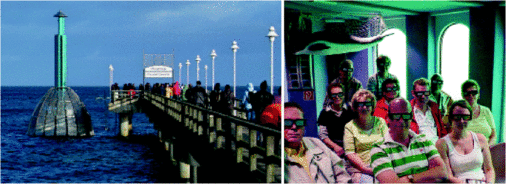 Die Haube der Tauchgondel ragt immer aus dem Wasser heraus. Hier befindet sich die Anlagentechnik, unter anderem ein GEA-Zentrallüftungsgerät mit Elektroheizung. Die Kabine aus Stahl und Glas könnte bis zu 20 m tief tauchen, in Zinnowitz sind es jedoch nur 4 m bis zum Meeresgrund.