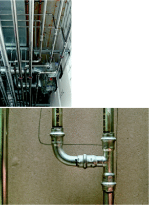 Die weit verzweigte Trinkwasserinstallation erforderte bei Planung und Installation höchste Sensibilität bezüglich der Hygiene. Unten: Zur permanenten Durchströmung des Trinkwarmwasser-Leitungsnetzes wurde die Zirkulation bis unmittelbar vor die jeweiligen Entnahmearmaturen geführt.