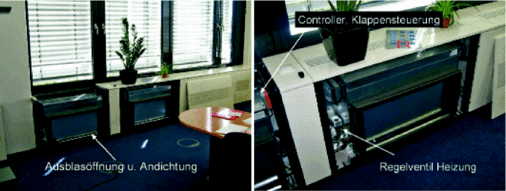 PCM-Module in einem Büro im Imtech-Gebäude. Die Module können wie hier als Brüstungsgeräte oder zur Integration in die Fassade gebaut werden.