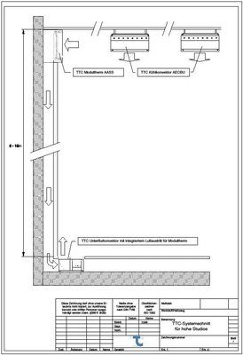 Der Linear-Kammrost vermittelt ein optisch homogenes Erscheinungsbild (links oben). Bodenkanalkonvektoren und ­Decken-Kühlkonvektoren sind mit einheitlichen Rosten abgedeckt (links unten). Systemschnitt: Die Kaltluft des „Stillen Kühlers“ wird im Boden­bereich in den Bodenkanalkonvektor umgeleitet und tritt durch das Abdeck­gitter in den Raum aus.