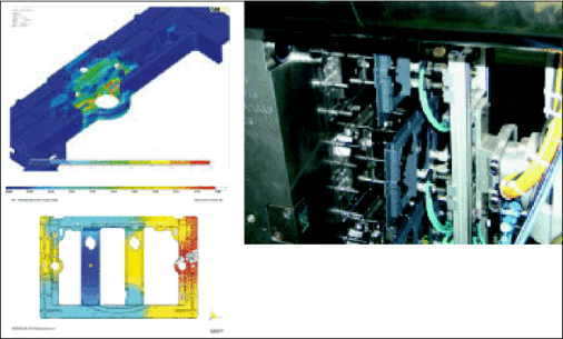 Alles für den neuen Montagerahmen: Rechnerische Belastungsprüfung am 3D-Modell (oben), Simulation des Füllvorgangs der Kunststoffschmelze im Spritzgusswerkzeug und das fertige Spritzgusswerkzeug.