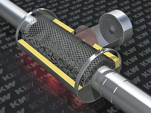 Bild 4 Auf dem Passiv-Schalldämpfer Aktiv+ (längs zur Strömungsrichtung) sitzt der Aktiv-Resonator, dessen Membran in stärkere Schwingungen versetzt wird. - © Kutzner + Weber
