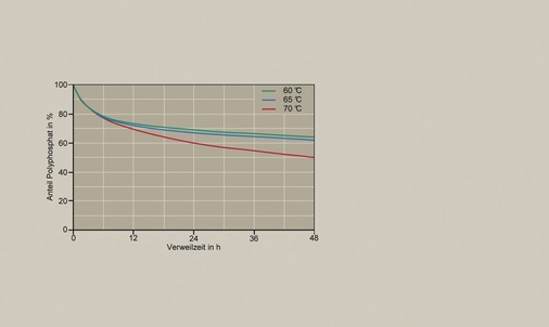 Bild 4 Hydrolyse von Polyphosphat (Quantophos F4) in Abhängigkeit der Verweilzeit und der Temperatur; pH-Wert des Wassers: 6,5. - © BWT
