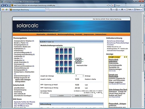 Auch Online-Auslegungshilfen ermöglichen teilweise eine detaillierte Konfiguration und Berechnung von PV-Anlagen. - © solarcalc.de
