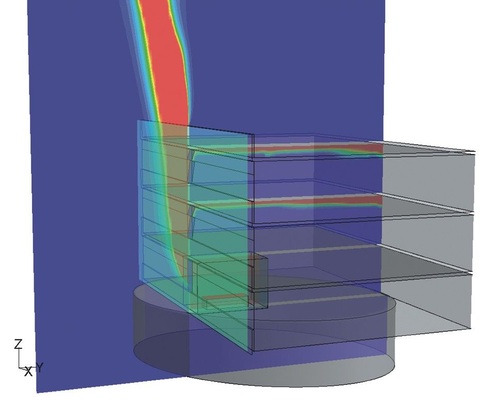 Rauchableitung aus Bürogebäude mit Gewebefassade. Auch bautechnische Besonderheiten wie eine Gewebefassade und deren Auswirkung auf die Rauchableitung können simuliert werden.