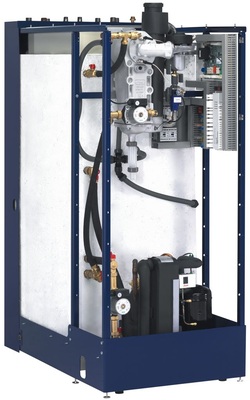 Hybrid-Wärmezentrale ThermiPro: Pufferspeicher, Wärmepumpe und Gas-Brennwertheizkessel und serienmäßige Solareinbindung in einem.