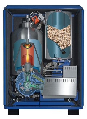 Pellet-befeuerte Stirling-Mikro-KWK von Sunmachine mit 80-l-Zwischenbehälter.