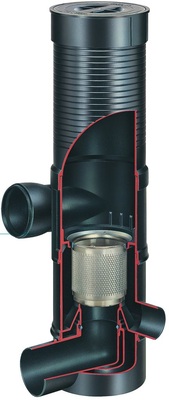 Schnittzeichnung eines selbstreinigenden Wirbelfilters für das Regenwasser im Zulauf zum Stahlspeicher.