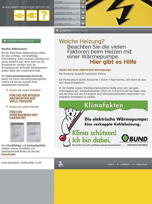Startseite von www.waermepumpe-strom.de (Stand: 10. September 2008). - © Screenshot von www.waermepumpe-strom.de
