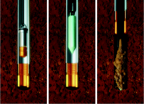 Bei Geojetting wird nach dem Bohren zunächst die Bohrkrone durch das Bohrgestänge geborgen (links). Anschließend wird die Erdsonde durch die noch im Boden befindlichen Bohrrohre eingebracht (Mitte) und verpresst (rechts). - © Vaillant
