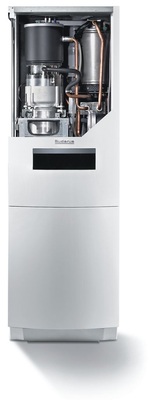 Feldtestgerät der Bosch Thermotechnik. Das Mikro-KWK-Gerät mit Freikolben-Stirlingmotor (1 kWel / 3…7 kWth) ist noch nicht frei am Markt verfügbar.