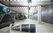 Zuluftzentrale für 800000m³/h mit neuer Wärmeüber-tragerwand (rechts) von Konvekta zur Grunderwärmung der Außenluft auf konstant 16°C.