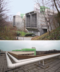 Zentrale Außenlufterfassung zur Versorgung der raumlufttechnischen Anlagen des Klinikums (oben) und das weitergenutzte KV-Rohrsystem (nach Tichelmann), das zehn Abluftzentralen auf dem Dach mit der Zuluftzentrale im 2. UG verbindet.