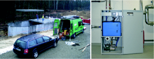 Montage der 300-m3-Zisterne aus Stahlbeton-Fertigteilen (links).Regenwasserzentrale mit Druckerhöhungsanlage, Zwischenbehälter und Trinkwassernachspeisung (rechts).