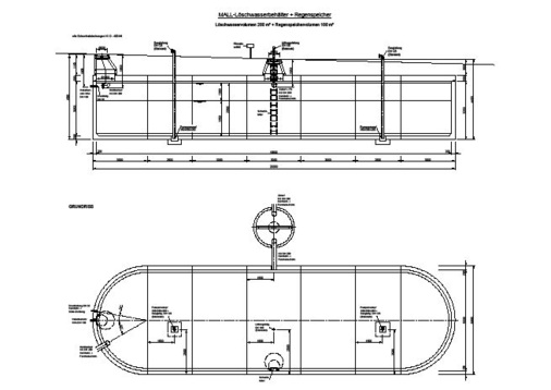 Konstruktionszeichnung der 300-m3-Zisterne, die gleichzeitig Löschwasserbehälter nach DIN 14230 ist.