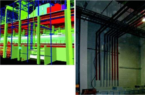 Rohrleitungsführung: Vergleich zwischen der Planung mit Tricad MS-Sprinkler 3D und der Ausführung auf der Baustelle.