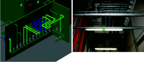 Brandschutz-Planung für eine Lackieranlage mit ca. 14000 Sprinklern und Rohrleitungen bis DN 200. Links im Bild der Hauptverteiler mit zehn Nassalarmventilstationen DN 150, einer Trockenalarmventilstation DN 80, drei Sprühwasserventilstationen DN 150 und einem Anschluss zur Löschwasserversorgung (DN 100). Rechts die nach Vorfertigung montierte Rohrführung oberhalb des Verteilers.