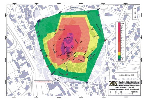 Hebungsgeschwindigkeit in der Altstadt Staufen und Umgebung in mm pro Monat.