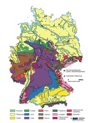 Geologische Karte von Deutschland. Keuper und Gipskeuper sind erd­geschichtlich der Trias zugeordnet. - © © BGR Hannover
